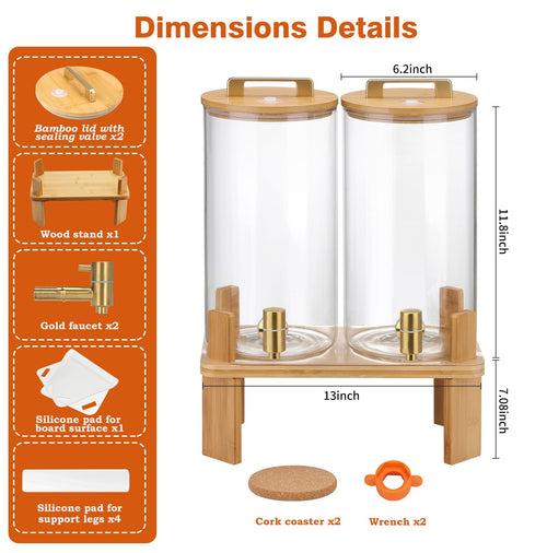 1.5 Gallon 2 Pack Glass Beverage Dispenser with Wood Stand and Spigot P61012